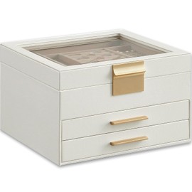 EONGOA Jewelry Box Organizer with Glass Lid 3 Layer Jewelry Storage Display Box with 2 Drawers Modern Style 8 x 9.1 x 5.3 Inches, Beige White and Gold
