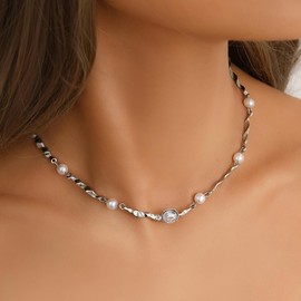 Dainty Silver Pearl Choker Necklace Adjustable Irregular Twisted Crystal Zircon Necklace Trendy Birthday Jewelry Accessory Present for Women Wife (Silver)