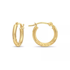 TILO JEWELRY 14K Real Solid Gold Hand Engraved Floral Diamond-Cut Small Hoop Earrings 13mm - Yellow Gold