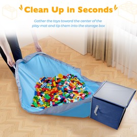 SAM AND MABEL Toy Storage Organizer with Play Mat for Kids – 13" x 13" x 13" Storage Box, Stackable and Foldable Cubby Baskets for Playroom, Nursery Bins for Boys and Girls (Noble Blue)