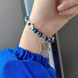 Zeshimb - Pulsera Hamsa con abalorio de vidrio y abalorio de Fátima, elástica, de ojos azules, para mujer y hombre, Cristal Resina