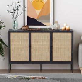 XIAO WEI Sideboard Buffet Cabinet with 3 Natural Rattan Decorated Doors, 47.24" W Accent Rattan Cabinet, Boho Credenza Storage Cabinet, for Living Room Dining Room Hallway, Metal Legs, Black