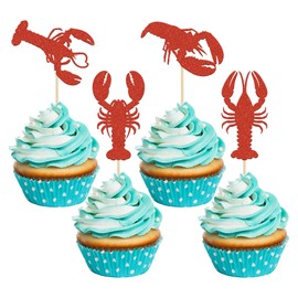 24 piezas de langosta para magdalenas de cangrejo con purpurina roja para cupcakes, langosta, cupcakes, palillos de comida, despedida de soltera, tema de animales marinos para baby shower, fiesta de cumpleaños para niños, decoración de pasteles