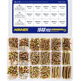 MINHER 1640PCS M4 M5 M6 Bolts and Nuts Assortment Kit Grade 8.8 Alloy Steel Hex Screws Nuts & Washers,Includes 15 Regular Sizes (Large Box)