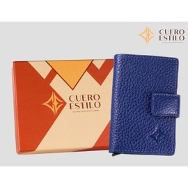 Cuero Estilo Leather Card Holder (Metallic Style) – RFID Protection, Popup Access, Water-Resistant Floater Leather, Multiple Color Options., Navy, Leather Card Holder (Metallic Style)