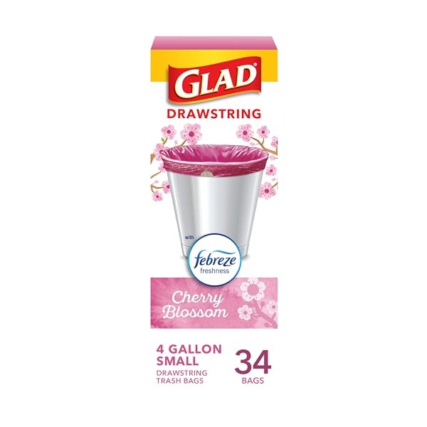 Glad Glad Odorshield Small Drawstring Trash Bags, 4 Gal, Pink,