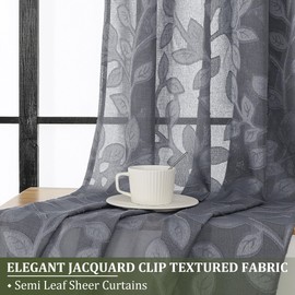 OVZME Grey Sheer Curtains 84 inches Long 2 Panels for Living Room, Jacquard Clip Leaf Pattern Textured Light Filtering Window Semi Sheer Voile Drapes for Bedroom, Each Panel 42 x 84 Inch