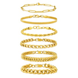 MAIBAOTA 6PCS Mens Bracelets Gold Stainless Steel Cuban Chain Bracelet Jewellery Gifts for Men 7.5"