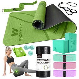 Yoga Starter Kit 12 in 1 - Mat, Blocks, Foam Roller, 4 Resistance Bands With Strap, 2 Peanut Massage Balls for Women & Men, Beginners