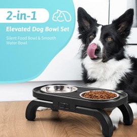 Elevated Dog Bowls, Heighth Adjustable Raised Dog Bowl Stand with Stainless Steel No Spill Water Bowl and Non-Slip Food Bowl, Metal Dog Feeding Station for Small and Medium Dogs & Cats, Black