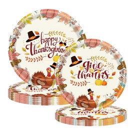 SHEPAILAI 24PCS Disposable Thanksgiving Plates 7inch and 9inch Turkey Party Plates Autumn Maple Leaf Give Thanks Platters for Carnival Dinner Tableware Thanksgiving Decorations Themed Party