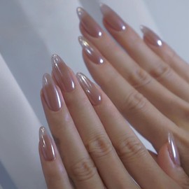 MOTIBACK Almond Press On Nails - 24PCS Medium Length False Nails with Jelly Glue, Almond Stick on Nails for Women, Bright Silver