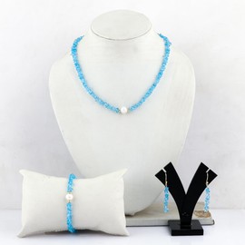 CRYSTALINES Genuine Sky Blue Topaz Gemstone Combo Jewelry Set with Cultured Pearls Beads – Handcrafted Necklace, Bracelet, and Earrings, 14K Gold Plated Jewelry, Birthday Gift for Women