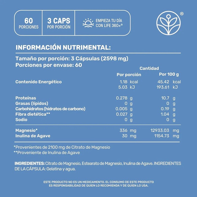 Citrato De Magnesio Alta Pureza 180 Cápsulas Magnesium Citrate Life360