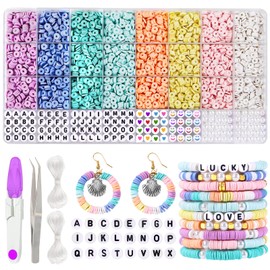 JOISHOP Clay Beads Bracelet Making Kit, 8 Pastel Colors Flat Round Polymer Clay Beads Heishi Beads Friendship Bracelet Making Kit with Letter Beads for Jewelry Making Bracelet Necklace DIY Craft