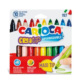 CARIOCA Creatip Washable Markers for Kids – 10 Felt Tip Pens, Double Stroke Maxi Tip, Super Washable, Non-Toxic, Blocked Tip with Ventilated Cap, Ideal for Christmas Gifts, Made in Italy