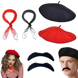 Pluvyze Das 6-teilige Set 2 Stück Baskenmütze,Barett,beinhaltet zwei Seidenschals, zwei Paar Kunstbärte für Festival-Rollenspiele, Geschenke für Freunde an ihren Geburtstagen