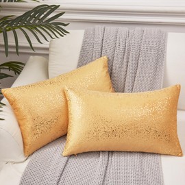 EUCIOR Gold Throw Pillow Covers,Throw Pillows Covers 12x20,Light Gold Pillows Both Sides Sparkle Gold Foil Print,Decor Soft Velvet Hidden Zipper Closure Accent Pillows,Small Gold Pillows Set of 2
