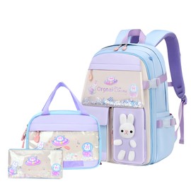3Pcs Kawaii Bunny Kids Backpack Set for Girls with Lunch Bag and Pencil Case, Girls School Bag Rucksack for Kids School, Blue-S