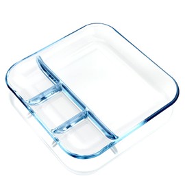 NUTRIUPS NUTRIUPS Glass Divided Plate with 4-Compartment Divided Dinner Plates Microwavable Plate 9 Inch Square Glass Plate, 1 Pack
