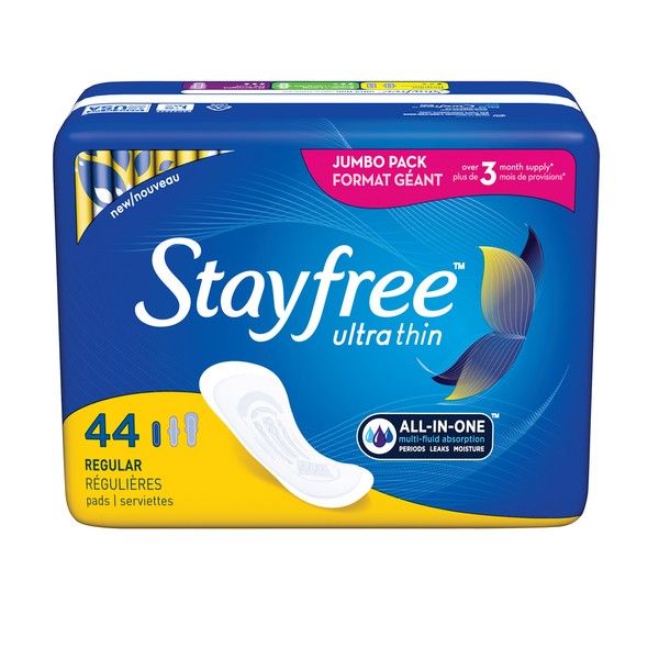 Stayfree Ultra Thin Regular Pads For Women, Wingless, Reliable Protection and Absorbency of Feminine Moisture, Leaks and Periods, 44 count