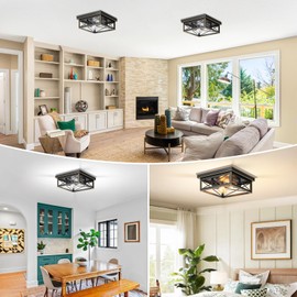 Brushed Gold Hallway Light Fixtures Ceiling, 2-Light Farmhouse Industrial Flush Mount Ceiling Lights, 2-Pack Metal Kitchen Light Fixtures, Close to Ceiling Lights for Bedroom Living Room Entryway