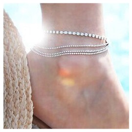 Inilbran Boho Rhinestone Tennis Ankle Bracelet Silver Crystal Anklet Bracelet Multilayer Rhinestone Chain Anklet Vintage CZ Anklet Foot Chain Jewelry for Women and Girls