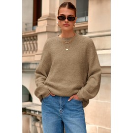 MASCOMODA Long Sleeve Crewneck Pullover Oversized Sweaters for Women Fall 2025 Casual Loose Fuzzy Chunky Knitted Jumper Tops(Khaki,X-Large)