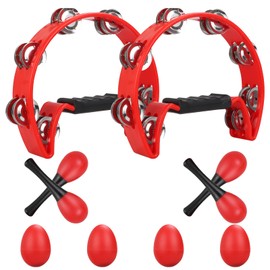 SENENQU Set of 2 Half Moon Tambourine, 25 cm Adult Tambourine Hand with 40 Metal Bells - Double Row Hand Tambourine for Musicians, Singers, Music Lessons and Groups - Red