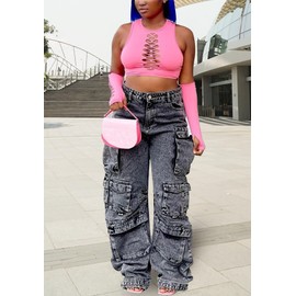 Cargo Jeans for Women High Waist Multi-Pockets Wide Leg Casual Trendy Baggy Cargo Pants