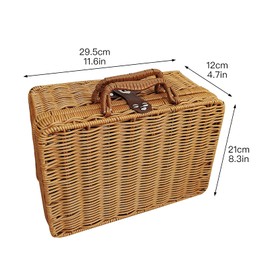 WYI Retro Plastic Wicker Suitcase, Rattan Suitcase Box with Leather Strap Lock, Wicker Picnic Basket Storage Box for Picnic Outside Party