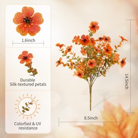 Artificial Mums Fall Fake Flowers for Outdoors, 12 Bundles Faux Mums for Outdoor Planters Autumn Decorations,UV Resistant Silk Flowers Plastic Plants for Front Porch Garden Patio Home Decor (F-Orange)