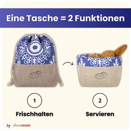 slowroom Linen Lunch Bag, 2 in 1, Bread Bag for Storage, Breathable and Decorative, Model Azur, 30 x 34 cm