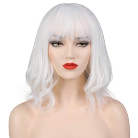 OKVGO Short Curly Bob Wig with Wig Cap for Women Cosplay Party and Daily Use White