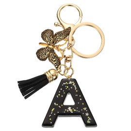 sourcing map Initial Letter Keychains, Resin Cute Butterfly Tassel Pendant Accessory for Women, Alphabet Key Ring for Purse Handbags Backpack, Black-A