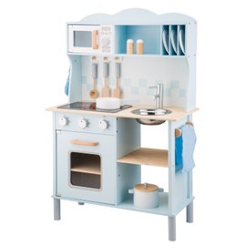 New Classic Toys Blue Wooden Pretend Play Toy Kitchen for Kids with Role Play Bon Appetit Electric Cooking Included Accesoires Makes Sound