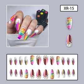 Tyuimhx Back To School Press on Nails Medium Almond Fake Nails Matte False Nails With Pencil Graffiti Designs Full Cover Stick on Nails Acrylic Artificial Nails for Women Girls Glue on Nails 24Pcs