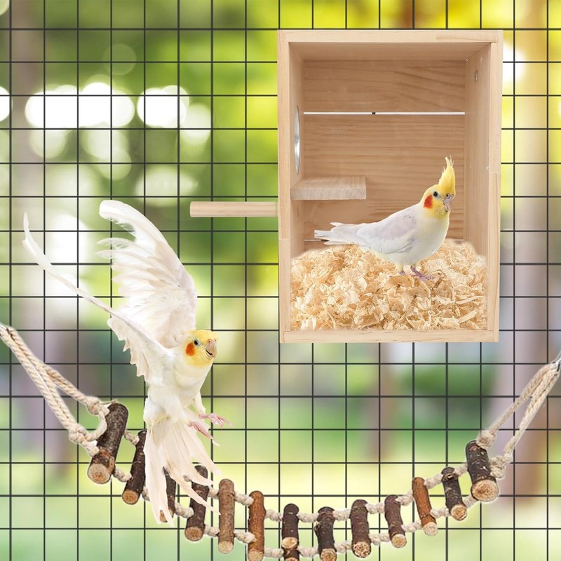 Parakeet Nesting Box Transparent Design, Natural Wood Bird Nest Breeding