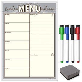 The Magnet Shop Weekly Family Menu Planner A4 - Dry Erase Meal Planner, Whiteboard and Shopping List for your Home, Kitchen, Fridge - With 4 Dry Wipe Pens and Eraser (Grey, A3)