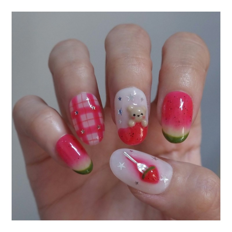 Tangle Pinky Watermelon Bear Handmade Nail Tip - Stiletto /