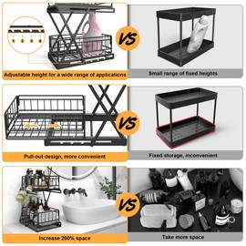 Under Bathroom Sink Organizer, 2-Tier Under The Sink Organizer and Storage Adjustable Pull Out Organization Basket, Sliding Drawer Shelf with Hooks for Kitchen Bathroom Cabinet, 2 Pack