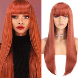 Xtrend 26 Inch Long Copper Red Straight Wigs with Bangs for Women Girls Cosplay Costume Daily Wear Synthetic Wig with Fringe Straight Heat Resistant Synthetic wigs 350#