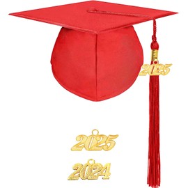 MyGradDay Unisex Adult Matte Graduation Cap with 2024 2025 Tassel Year Charm for High School & Bachelor Red