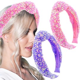 2 PACK Sequin Knotted Headbands, Cute Fashion Headwear Sparkly Wide Headband Glitter Knot Hair Bands Hair Accessories for Women Girls