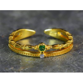 NicoWerk SRI711 Women's Silver Ring 925 Sterling Silver Golden Double Row with Green Zirconia Adjustable Open, Sterling Silver