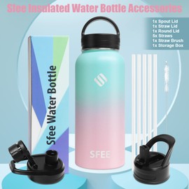 Sfee Insulated Water Bottle, 40 oz Stainless Steel Water Bottle with Straws&3 Lids, Wide Mouth Double Wall Vacuum Metal Water Bottle Leak-Proof BPA Free Sports Water Bottle+ Cleaning Brush (Spink)