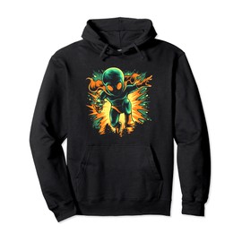 Retro Martian Alien Running with Ray Gun Pullover Hoodie