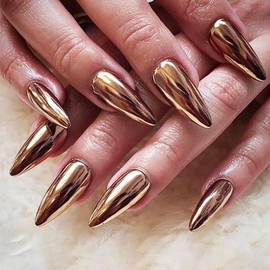 Bronze Chrome Press on Nails Medium Almond, Stiletto Fake Nails with Bling Design, Glossy Mirror Metal Acrylic False Nails Stick on Nails for Women Girls, Gel Glue on Nails for Daily Party Wear