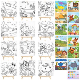 12 Sets Pre Drawn Canvas to Paint Stretched Coloring Painting Canvas Panels with Design Easel and Brushes for Party Supplies Beginner Favor - Cute Style