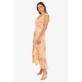 London Times Women's Ruffle WRAP Maxi, Sunrise Floral-Snapdragon